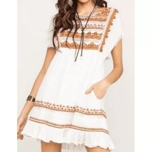 White and Tan Free People Flutter Sleeve Mini Sundress